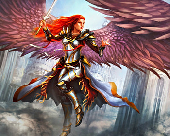 Archangel, wings, tsabo6, sword, art, girl, woman, pink, feather, fantasy, redhead HD wallpaper