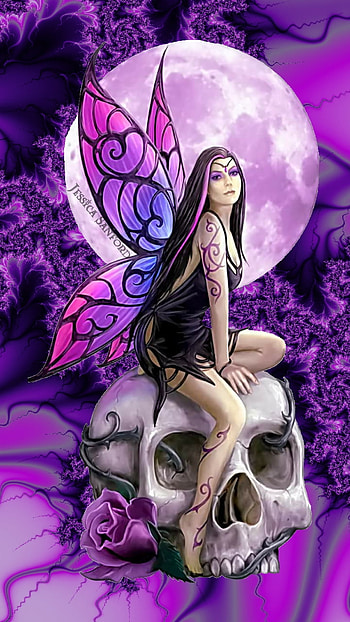 Gothic Angel on Skull, purple, full moon, wings, gothic, fantasy, fairy HD phone wallpaper