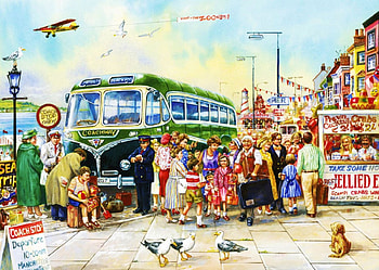 Coach Trip, dog, river, lighthouse, people, seagulls, houses, artwork, airplane, travellers, bus, vintage HD wallpaper
