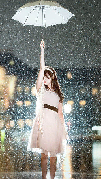 brunette, white dress, umbrella, rain, depth of field, night, model, woman, asian HD phone wallpaper