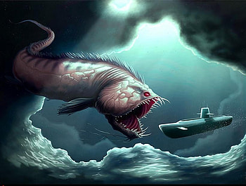 Big Hungry Fish, big fish, deep sea, hungry fish, submarine HD wallpaper