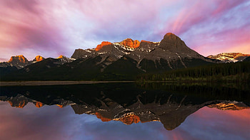 Canmore, Alberta, treessunset, clouds, sky, canada, water, reflections, mountain HD wallpaper