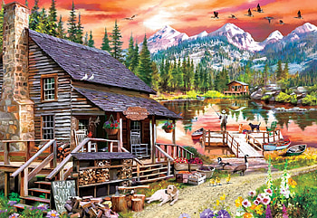Grandpa's Getaway, flowers, mountains, cabin, lake, dog, fishing, artwork, painting, boats HD wallpaper