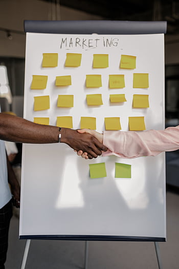 Colleagues shaking hands in front of a marketing board during a business meeting. HD phone wallpaper