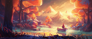 Sleeping river, art, quentin marsollier, fantast, orange, toamna, tree, boat, river, autumn, water HD wallpaper