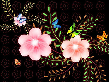 abstract, pink, flowers, black, buterflies HD wallpaper