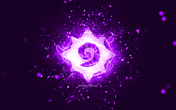 Hearthstone violet logo, , violet neon lights, creative, violet abstract background, Hearthstone logo, online games, Hearthstone HD wallpaper