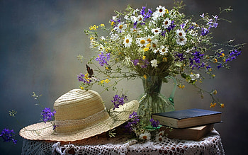 Summer Still Life, books, meadow flowers, still life, hat HD wallpaper