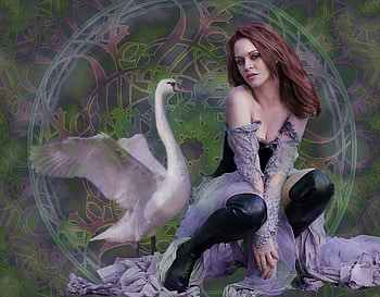 Lena and the Swan, animal, swan, fantasy, woman HD wallpaper