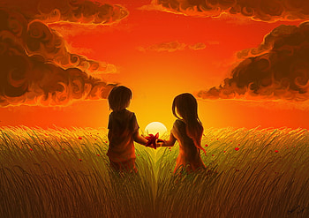 wenn_der_tag_zuende_geht, art, colors, girl, grass, gold, anime, boy, clouds, sky, sun, sunset HD wallpaper