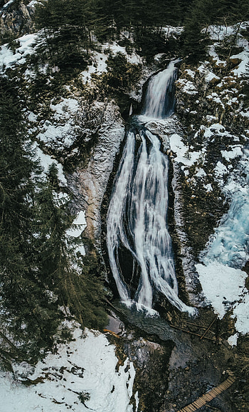 Winter, Nature, Trees, Ice, Snow, View From Above, Waterfall, Forest, Branches HD phone wallpaper