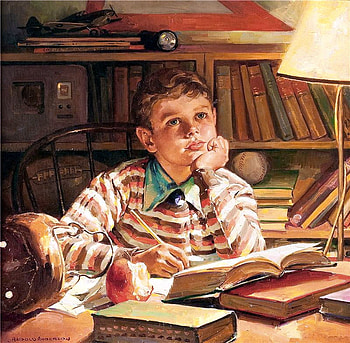 Harold Anderson, Young Boy Studying, art, lamp, people, book, painting, boy, study, pencil, harold anderson HD wallpaper