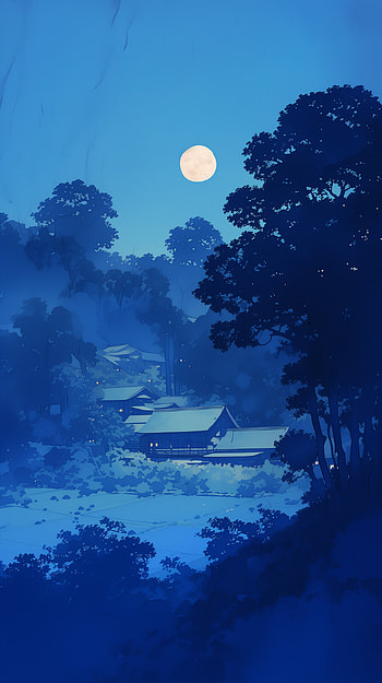 Moonlit Village Night, night view, moon, village, landscape, moonlight HD phone wallpaper