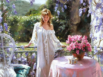 Girl in a summer morning, table, morning, color, girl, summer, patio, painting, nature, flowers, painter HD wallpaper
