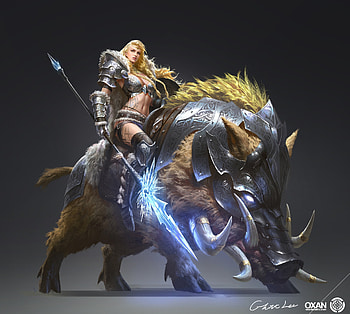 Water Freija, girl, armor, pig, boar, fantasy, g host lee, luminos, creature, rider HD wallpaper