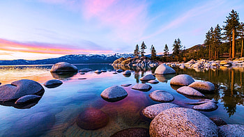 Sunset at Sand Harbor, Lake Tahoe, landscape, trees, water, nevada, rocks, reflections, usa, stones HD wallpaper