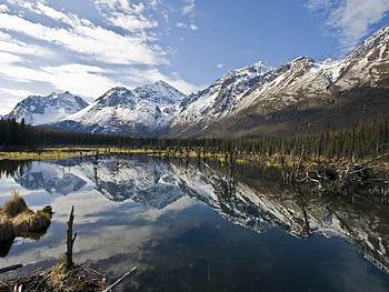 Alaska Rockies, winter, cold, alaska, mountain, lake, reflection, snow, clouds, nature, sky, water HD wallpaper