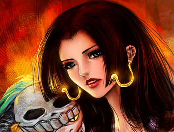 Boa Hancock, blue eyes, hancock boa, skull, one piece, salome, shichibukai, anime, dark hair, red background, female HD wallpaper