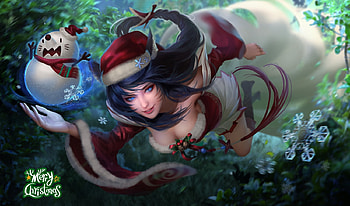 Ahri, frumusete, craciun, girl, fox, bo liu, green, christmas, red, league of legends, game, luminos, santa, hat, nine tails HD wallpaper