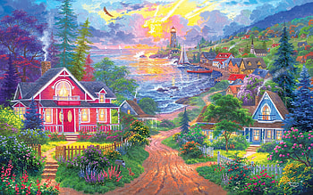 Coastal Living, sea, lighthouse, houses, artwork, painting, clouds, sky, sunset, village HD wallpaper