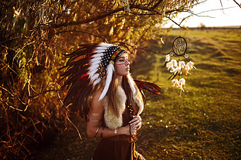 Native American, Women, Dreamcatcher, Feather, Headband, Model, Redhead HD wallpaper