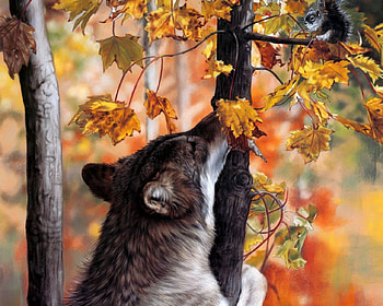 autumn wolf, leaves, animals, autumn, wolf, orange, tree HD wallpaper