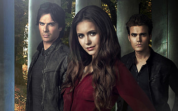 Vampire Diaries (2009-), paul wesley, ian somerhalder, man, nina dobrev, actress, tv series, damon, fantasy, elena, red, actor, stefan, vampire diaries, male HD wallpaper