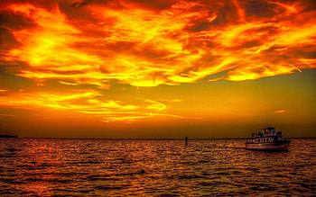 Fishing boat at sunset, Boat, Sunset, Fiery, Sea, Clouds HD wallpaper