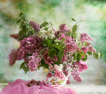 We'll Gather Lilacs, white, roses, floral, lilacs, vase, femanine, jug, pink, leaves, satin, pretty HD wallpaper