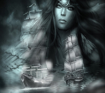 Just a dream, sea, nice , dark, two ship, lady, waves, moon, beautiful woman in the background, dream, female HD wallpaper