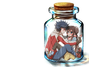 Couple in the Jar, lover, cute, mei, nice, male, female, plain, sweet, white, girl, romance, hue, bottle, kawaii, anime girl, simple, boy, anime, jar, pretty, love, romantic, lovely, guy, pokemon HD wallpaper