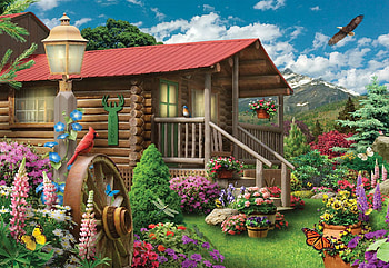 Nature Haven, artwork, butterflies, clouds, garden, trees, flowers, sky, cabin, digital HD wallpaper