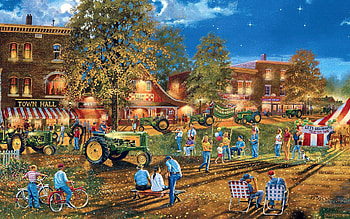 Celebration of the past, artwork, bicycles, trees, tent, people, houses, tractors, evening, painting HD wallpaper