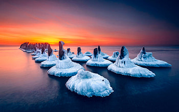 The Ice Guard, sea, sky, coast, sunset, colors HD wallpaper