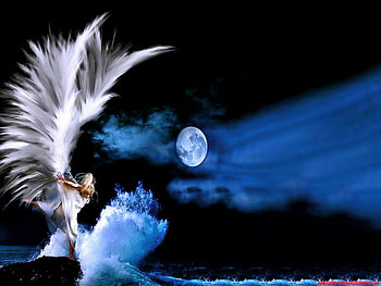 Ocean fairy, night, blue, waves, moon, fairy wings, ocean HD wallpaper