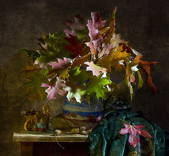 Autumn Still Life, autumn, still life, vase, leaves HD wallpaper