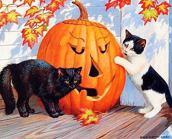 Halloween, artwork, painting, cats, pumpkin, jack o lantern HD wallpaper