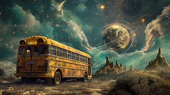 Cosmic School Bus, school bus, cosmic HD wallpaper