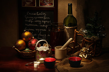 Christmas Time 2, cups, art , still life, table, abstract, christmas decoration, bottle vine, nice HD wallpaper