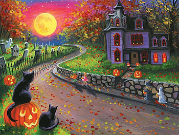 On a spooky night, moon, halloween, ghost, house, cats, pumpkin, road HD wallpaper