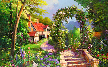 Countryside house, trees, stairs, plants, house HD wallpaper