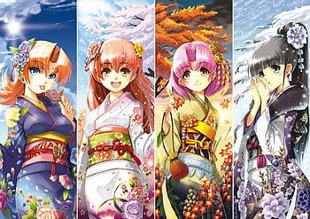 Season Kimono, winter, kimono, yukata, cute, spring, long hair, dress, beauty, season, petals, flower, short hair, autumn, female, sexy, hot, girl, beautiful, tree, summer, anime girl, plant, anime, pretty, nature HD wallpaper