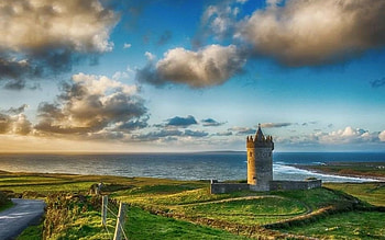 Landscape of Ireland, coast, Ireland, sea, fence, tower, clouds HD wallpaper