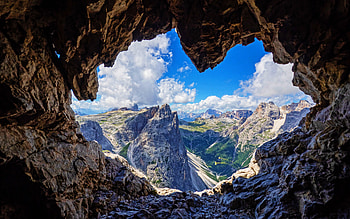 Italy, heart shaped cave, mountains, blue sky, Dolomites, clouds, R, beautiful nature, Europe HD wallpaper