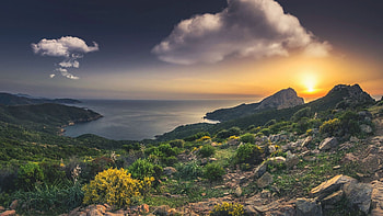 Corsica Island, France, sunset, sea, landscape, trees, clouds, sky, rocks HD wallpaper