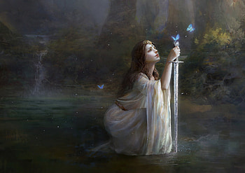 Fantasy girl, frumusete, sword, art, gorgeous, user 23385, girl, dark, superb, water HD wallpaper