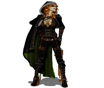 Steampunk Red Head, steampunk, cape, red head, gun, woman HD wallpaper