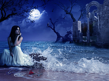 Moonlight, luna, mrmart, water, night, sea, blue, white, girl, mrm, moon, fantasy, ruins HD wallpaper