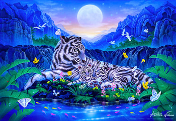 Mother and Children, artwork, birds, painting, tiger, moon, cubs, mountains HD wallpaper