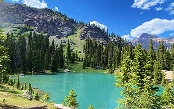 A Glacial lake in Ouray, Colorado, landscape, clouds, trees, sky, mountains, usa HD wallpaper